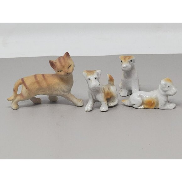Vintage Miniature Bone China Terrier Schnauzer +‎ Cat Family Figurines Japan - Picture 1 of 14